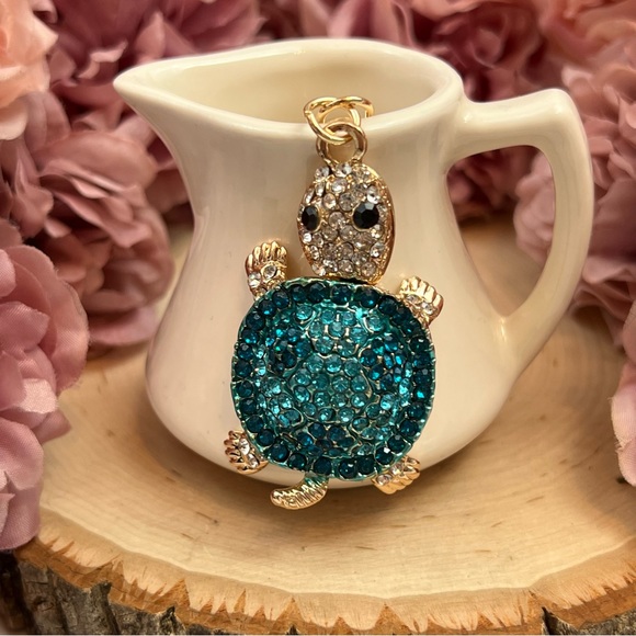 Blue and Silver Crystal Turtle Keychain Charm - Picture 2 of 16